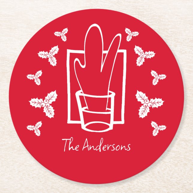 Jul Holly och ett mousserande glas Underlägg Papper Rund (Framsidan)