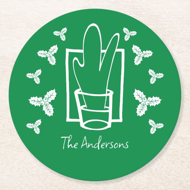 Jul Holly och ett mousserande glas Underlägg Papper Rund (Framsidan)