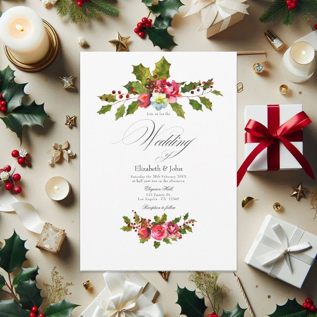 Jul Holly och Ivy med Röd ros Bröllop Inbjudningar (Christmas Holly and Ivy with Red Roses Wedding Invitation)