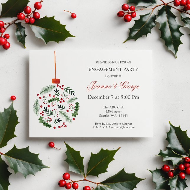 Jul Holly Ornament Winter Förlovningsfest Inbjudningar (Christmas Holly Ornament Winter Engagement Party Invitation)
