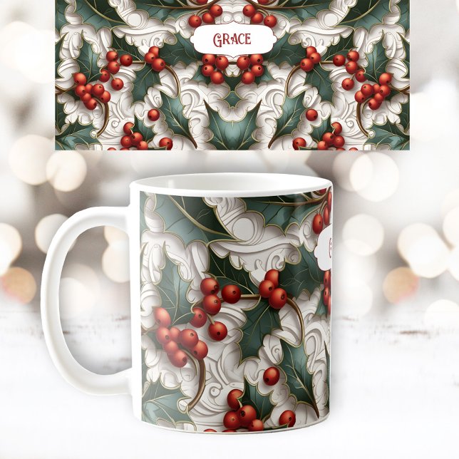 jul Holly Ornamental Mönster Namn Mugg (Christmas Holly Ornamental Pattern Name Mug)