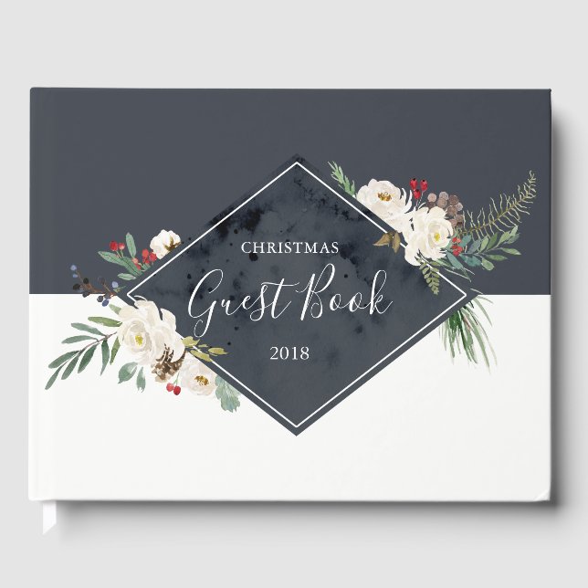 Jul Holly & Vit ros Bouquet Ram Gästböcker (Framsida)