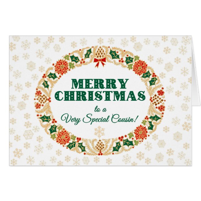 Jul Holly Wandeand, för kusin, Snöflingor Hälsningskort (Framsidan Horizontal)