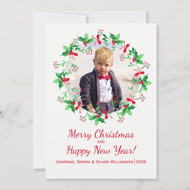 Jul Holly Watercolor Wandeand Helgdag Photo Julkort (Framsida)