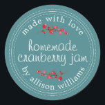 Jul Homemade Cranberry Sylt Canning Teal Runt Klistermärke<br><div class="desc">Rustik och modern hemgjord jultomte i sylt som konserverar tranbär i sylt burk med kärlek, homemade tranbär i sylt och ert namn i modern stil på tealbakgrund med en snyggt kranbär. Lägg bara till ditt namn och produkten namn på etiketten. Enbart designad för dig av Lycklig Dolphin Studio. Kontakta oss...</div>