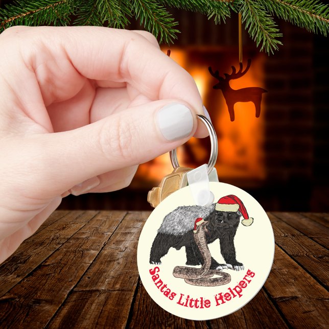 Jul Honey badger och Snake Funny Quote Nyckelring (Christmas honey badger and snake wearing Santa hats funny quote)