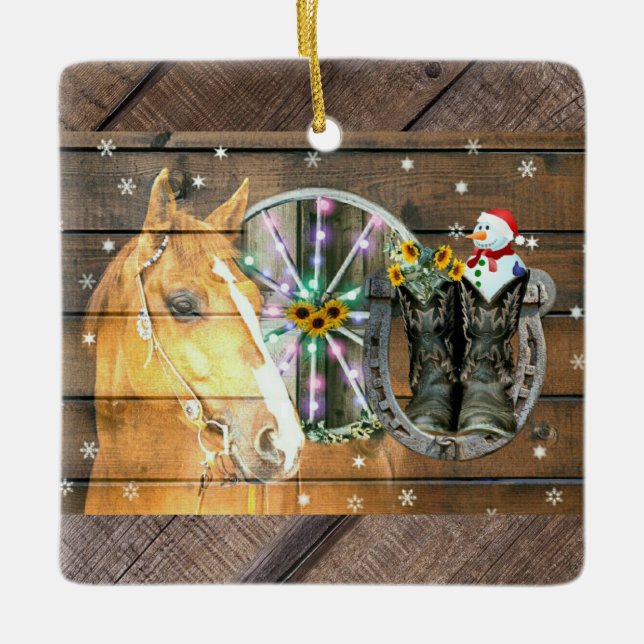 Jul Horse Wagon Wheel CowboyBoots Horseshoe Julgransprydnad Keramik (Framsida)