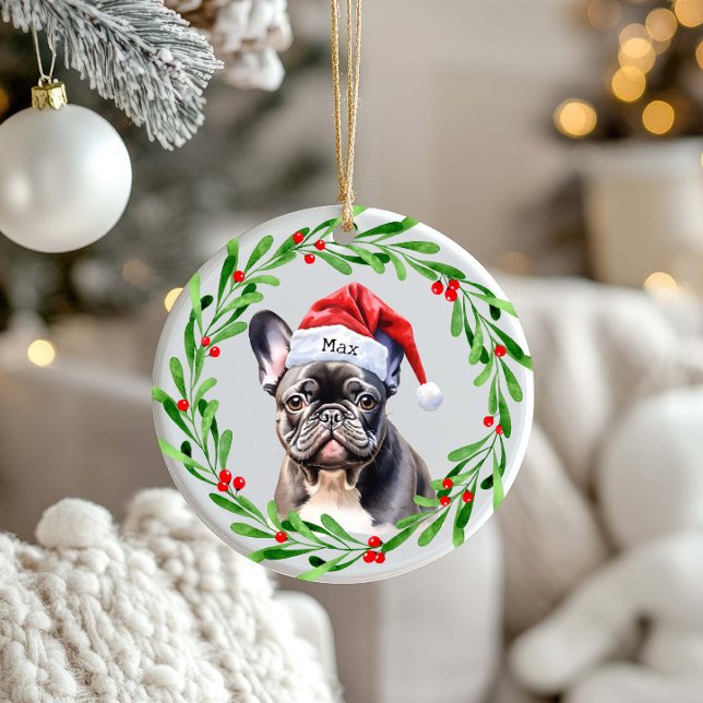 Jul Hund Black Frenchie Fransk Bulldog Santa Julgransprydnad Keramik (Skapare uppladdad)