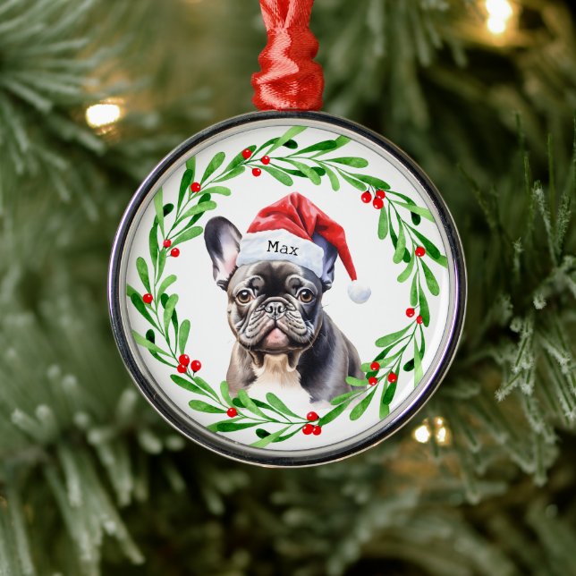 Jul Hund Black Frenchie Fransk Bulldog Santa Julgransprydnad Metall (Träd)