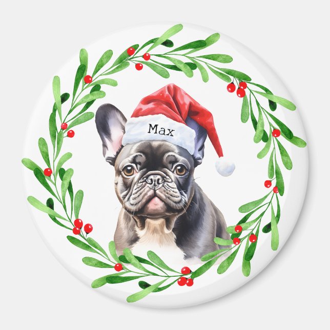 Jul Hund Black Frenchie Fransk Bulldog Santa Magnet (Framsidan)