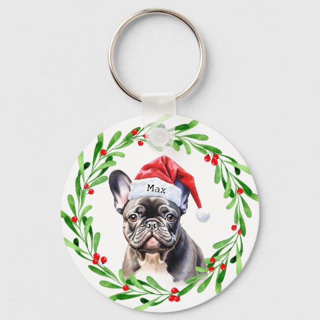 Jul Hund Black Frenchie Fransk Bulldog Santa Nyckelring (Framsida)