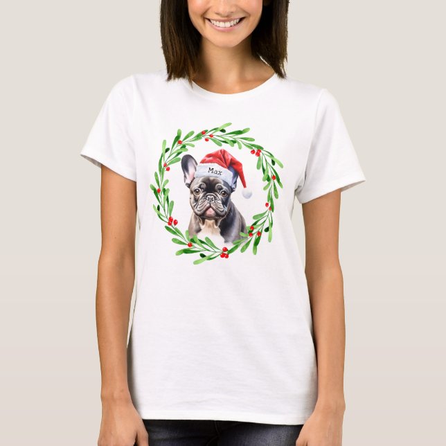 Jul Hund Black Frenchie Fransk Bulldog Santa T Shirt (Framsida)