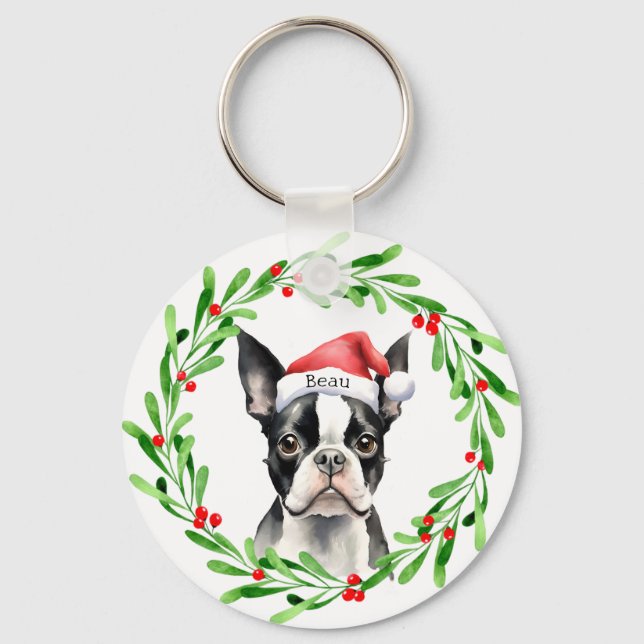 Jul Hund Boston Terrier Terrier Helgdagars Pet Nyckelring (Framsida)