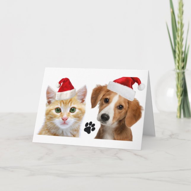Jul Hund Cat Cute Pets Julafton Helgdag Kort (Framsida)