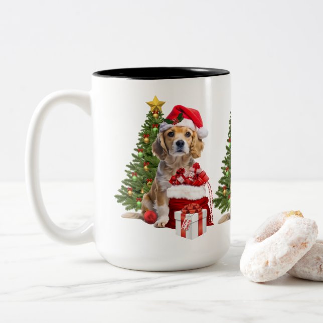 Jul Hund med tomtehatt   Två-Tonad Mugg (Med munk)