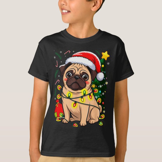 Jul Hund Santa Clause Mops Valp X-mas  T Shirt (Framsida)
