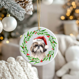 Jul Hund Shih Tzu Santa Helgdagars Pet Julgransprydnad Keramik