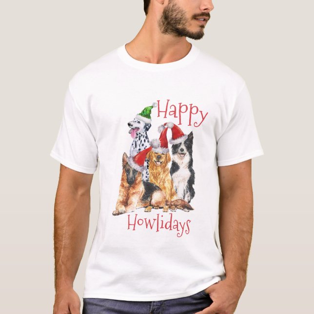 Jul hundar med hattar Lycklig Howlidays T Shirt (Framsida)
