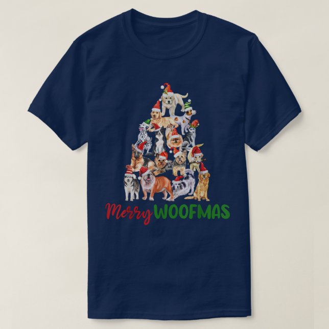 Jul Hundar Träd Merry Woofmas Cute Funny Julafton T Shirt (Design framsida)