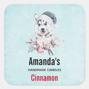Jul Husky-Hund i Santa Hat Candle Business Fyrkantigt Klistermärke