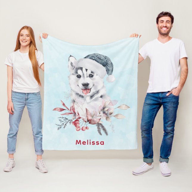 Jul Husky-Hund i Santa Hat Fleecefilt (På plats)