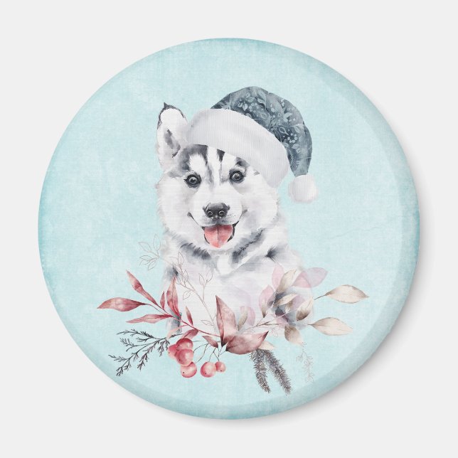 Jul Husky-Hund i Santa Hat Magnet (Framsidan)