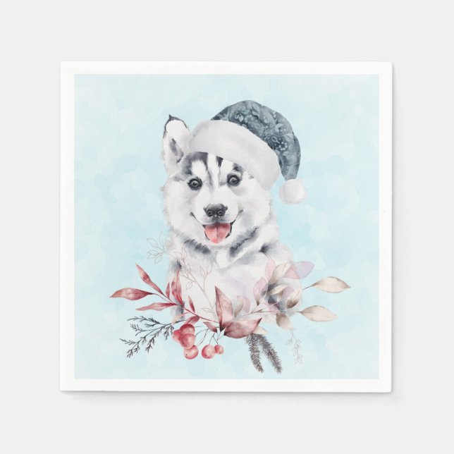 Jul Husky-Hund i Santa Hat Pappersservett (Framsidan)