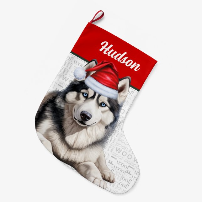 Jul Husky Hund med Namn Woof Background Stor Julstrumpa (Framsidan (Hängande))