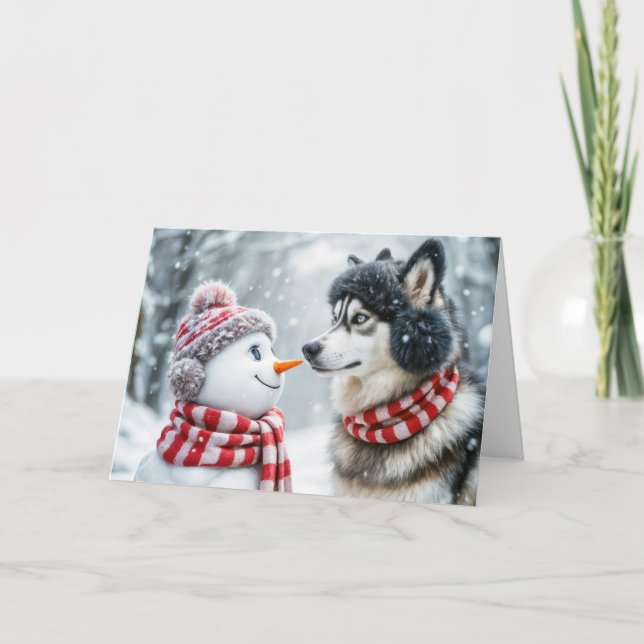 Jul Husky Hund och Snögubbe Friends Helgkort (Framsida)