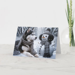 Jul Husky och Snögubbe i Winter Skogen Kort