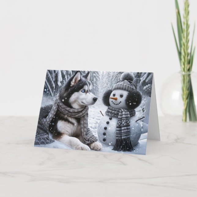 Jul Husky och Snögubbe i Winter Skogen Kort (Framsida)