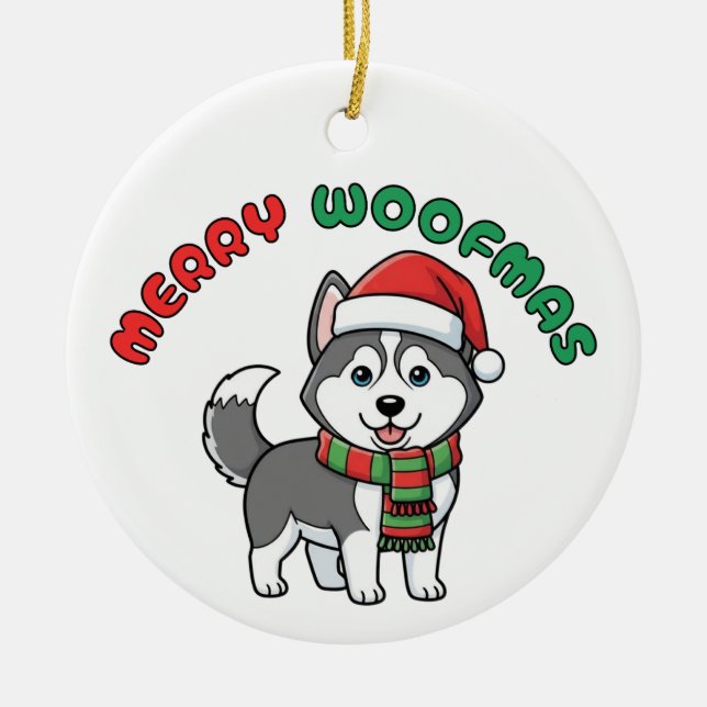 Jul Husky Ornament: Merry Woofmas Julgransprydnad Keramik (Framsidan)
