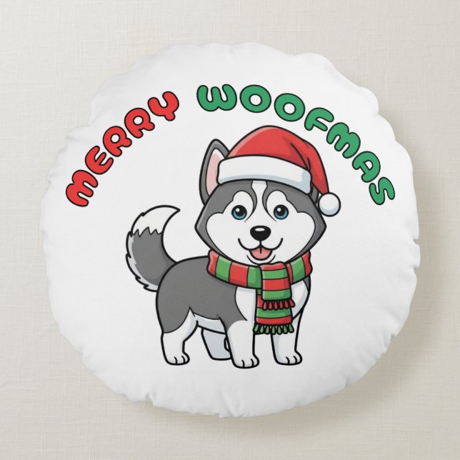 Jul Husky Round Pillow: Merry Woofmas Rund Kudde (Framsidan)