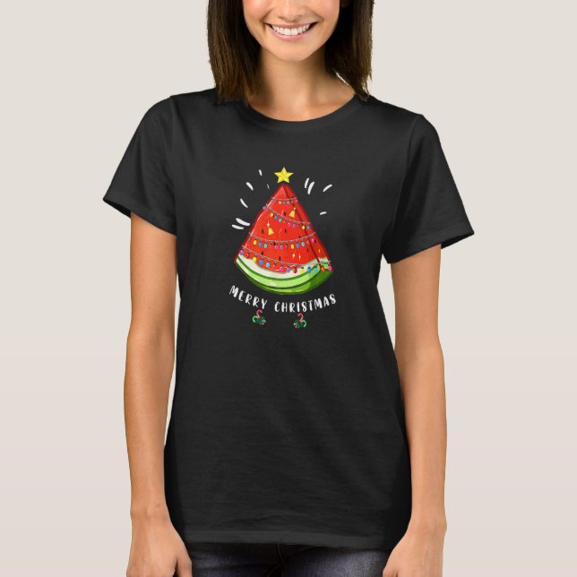 Jul i Augusti Vattenmelon Tomte Sommar Träd T Shirt (Framsida)