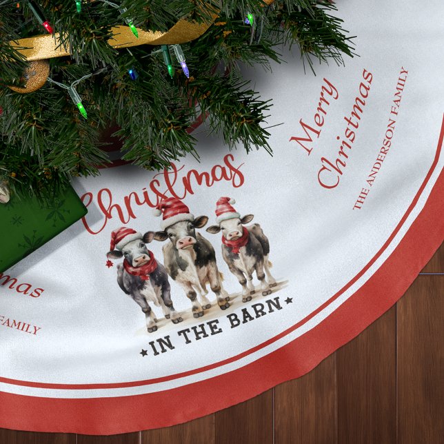 Jul i Barn Rustic Cows i Santa Hats Julgransmatta Borstad Polyester (Skapare uppladdad)