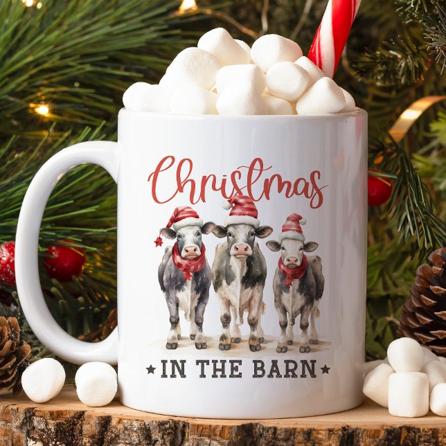 Jul i Barn Rustic Cows i Santa Hats Kaffemugg (Skapare uppladdad)