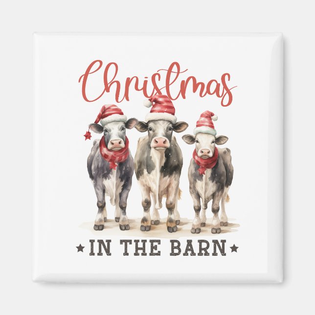 Jul i Barn Rustic Cows i Santa Hats Magnet (Framsidan)