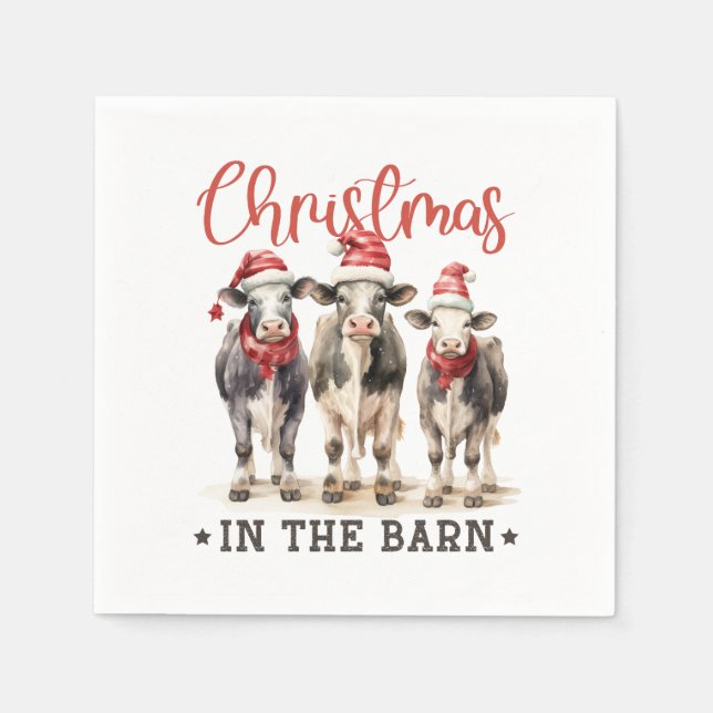 Jul i Barn Rustic Cows i Santa Hats Pappersservett (Framsidan)