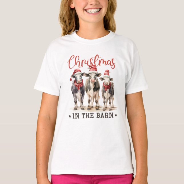Jul i Barn Rustic Cows i Santa Hats T Shirt (Framsida)