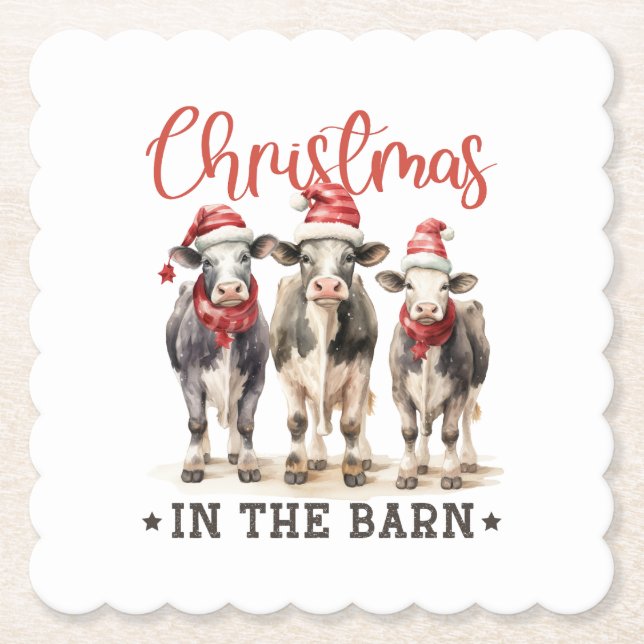 Jul i Barn Rustic Cows i Santa Hats Underlägg Papper (Framsida)