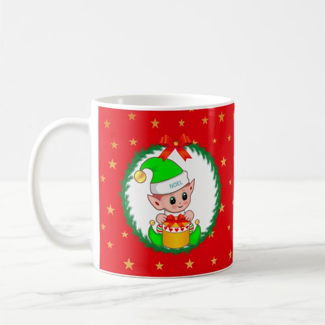 Jul i Cute Grönt Elf, utandning och stjärnor i Grä Kaffemugg (Vänster)