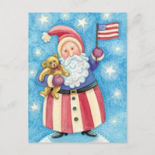 Jul i Cute, Patriotic Jultomten med Flagga Helg Vykort