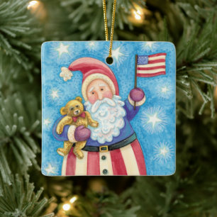 Jul i Cute, Patriotic Jultomten med Flagga Julgransprydnad Keramik