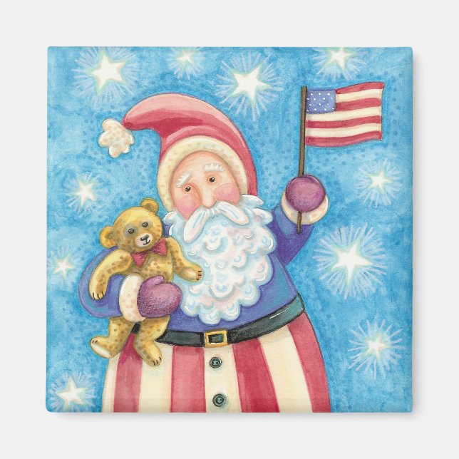 Jul i Cute, Patriotic Jultomten med Flagga Magnet (Framsidan)