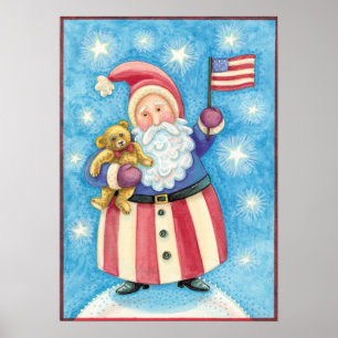 Jul i Cute, Patriotic Jultomten med Flagga Poster