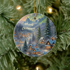 Jul i en by i berget, polar ljus julgransprydnad keramik