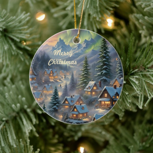 Jul i en by i berget, polar ljus julgransprydnad keramik (Träd)
