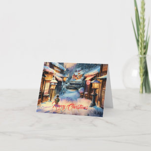 Jul i en Snowy Japansk by Helgkort