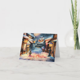 Jul i en Snowy Japansk by Helgkort