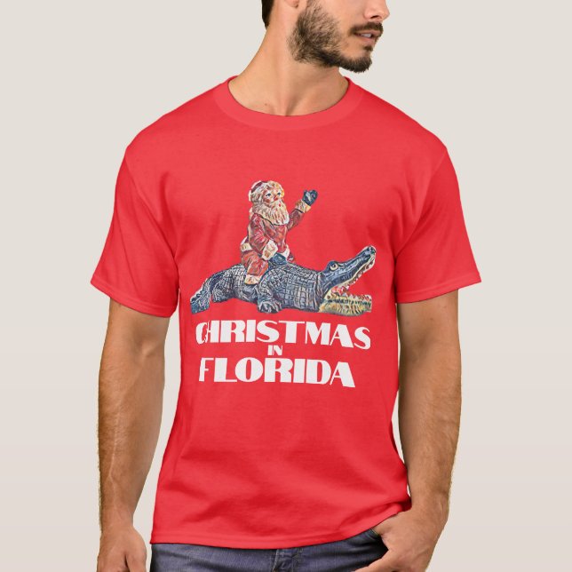 Jul i Florida Jultomten rider Alligator T Shirt (Framsida)